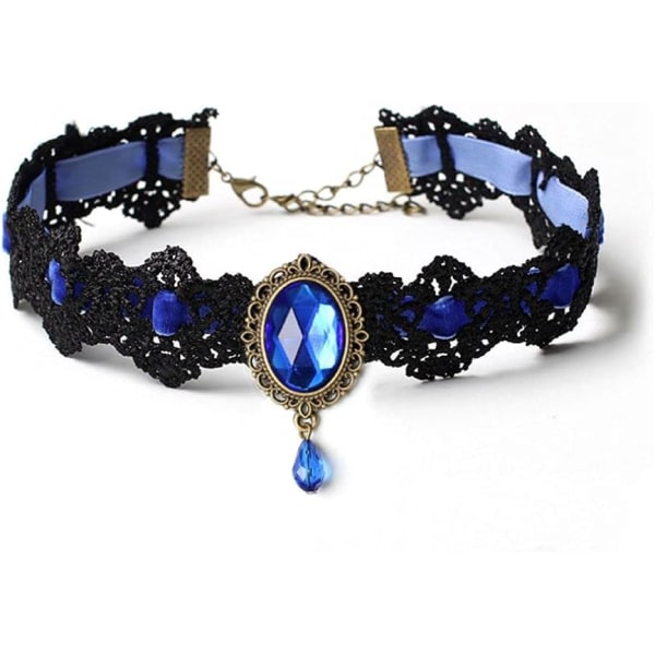 Retro gotisk spetschoker Elegant sexigt halsband Svart spetschoker nyckelbenskedja Halsband med strass viktorianska smyckenGirls(Blå) (AMX2X043FWUS)