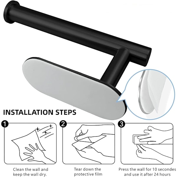 Toiletpapirholder fritstående køkkenrulleholder under skab toiletpapir opbevaring selvklæbende SUS 304 rustfrit stål (16,2 cm, sort)