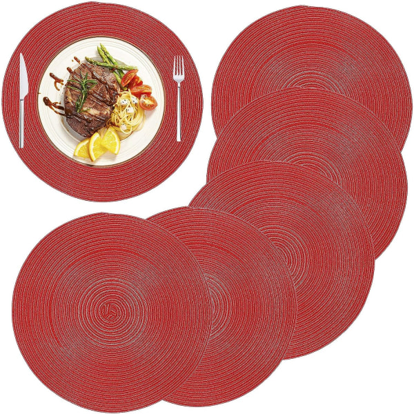 Runda bordstabletter i bomull Värmebeständiga flätade halkfria bordstabletter för festkök (set med 6) Röd