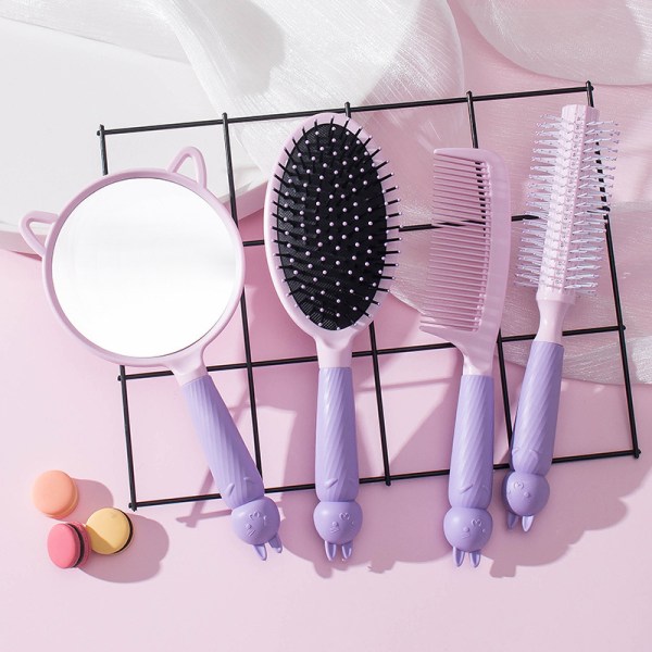 Purple rabbit-four-piece cartoon mirror comb set, household ladies portable massage air cushion comb soft cute long hair fluffy shape.