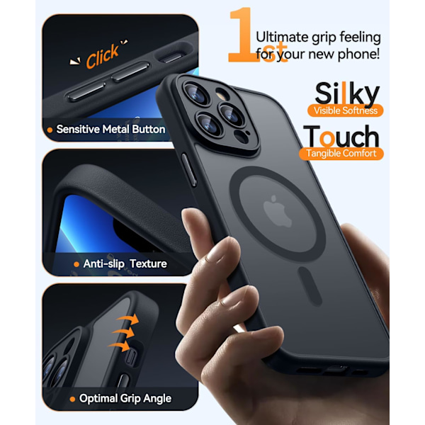 Magnetisk etui til iPhone 16 Pro Max med fuld kamerabeskyttelse [Kompatibel med Magsafe] [Gennemskinnelig mat] Beskyttende telefonetui, mat sort Black iPhone 13 Pro Max