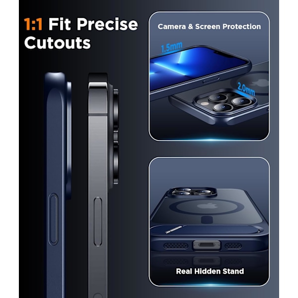 Magneettinen iPhone 16 Pro Max -kotelo, [Sisäänrakennettu näkymätön jalusta][Yhteensopiva MagSafe-tekniikan kanssa] [Sotilastason iskunkestävä] Ohut läpikuultava Blue iPhone 13 Pro Max