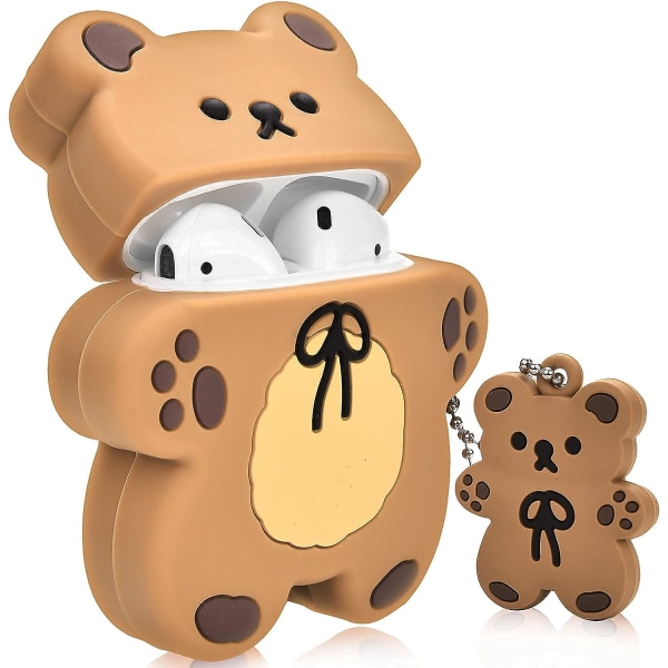 AirPods phone case med björnnyckelring tecknad kexbjörndesign, helt skyddande case som är kompatibelt med AirPod 2&1 telefonfodral (ljusbrunt)