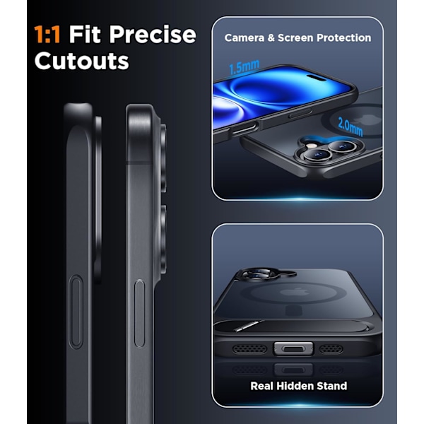 Magneettinen iPhone 16 Pro Max -kotelo, [Sisäänrakennettu näkymätön jalusta][Yhteensopiva MagSafe-tekniikan kanssa] [Sotilastason iskunkestävä] Ohut läpikuultava Black for iPhone 16 6.1"