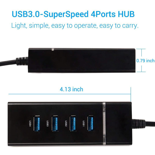 USB Hub 4 portar USB 3.0 C HUB Super Speed ​​Data Hub kompatibel med Windows, Mac OS, Linux, Macbook, Laptop, Notebook-svart