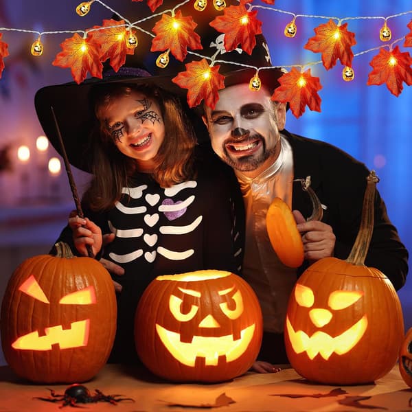 Halloween Solid Gresskar og Lønneblad Lyslenke, 3m 20LED Batteri, Feriefestdekorasjon