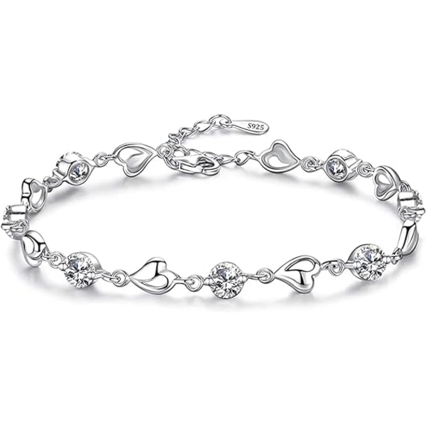 Silver Bracelets for Womens,925 Sterling Silver Heart Bracelet Friendship Bracelet Crystal Bracelet Zirconia Adjustable Ladies Bracelets（White）