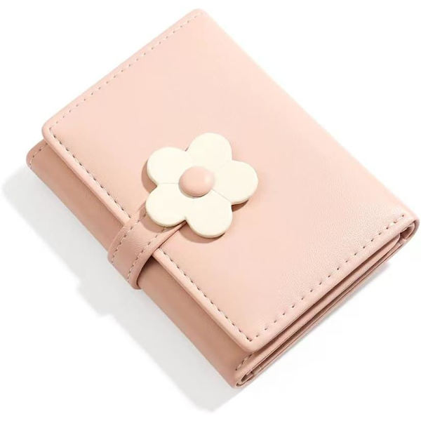 Pige Pæn Blomst Print Tegnebog, Lille Tri-Foldet Æstetisk Tegnebog, PU Læder Pung Penge Lomme Kort Holder ID Vindue Pung til Kvinder (Pink)