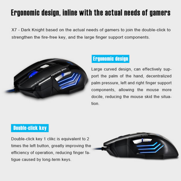 4 Justerbar DPI og 7 Knapper LED Optisk USB Kablet Gaming Mus til Gamer PC MAC-sort