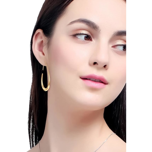 Lätta Teardrop Hoop-örhängen för kvinnor - 14k guld/vitguldpläterade Stora ovala Pull Through Hoop-örhängen Smyckespresent för kvinnor tonårsflickor