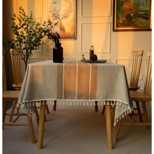 Bomullslinne Rektangulär Bordsduk Solid Tassel Broderi Bordsduk Kök Bordsdekoration (140 x 260cm, Khaki)