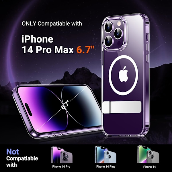 Magnetiskt kompatibel med iPhone 16 Pro Max-fodral, [Inbyggt osynligt stativ][Kompatibelt med MagSafe] [Militärklass stöttåligt] Smalt genomskinligt Clear-Stand iPhone 14 Pro Max