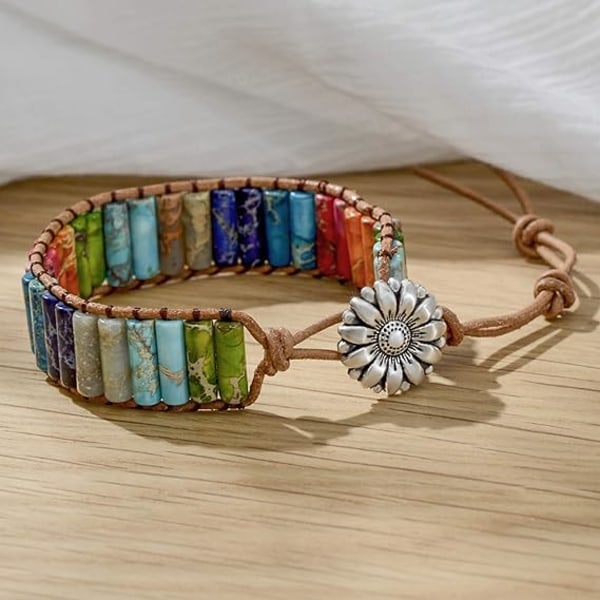 Chakra-armbånd for kvinner med ekte steiner, lærreim, helbredende perlearmbånd, kvinner, menn, boho-vennskapssmykker