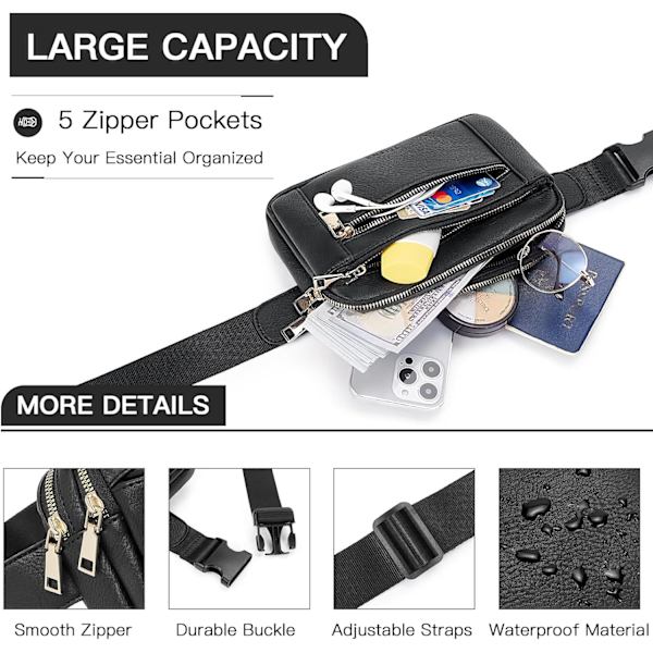 Fanny Packs för kvinnor Cross Body Bag Läder Bältesväska Fashionable Midjeväska med justerbar rem Svart