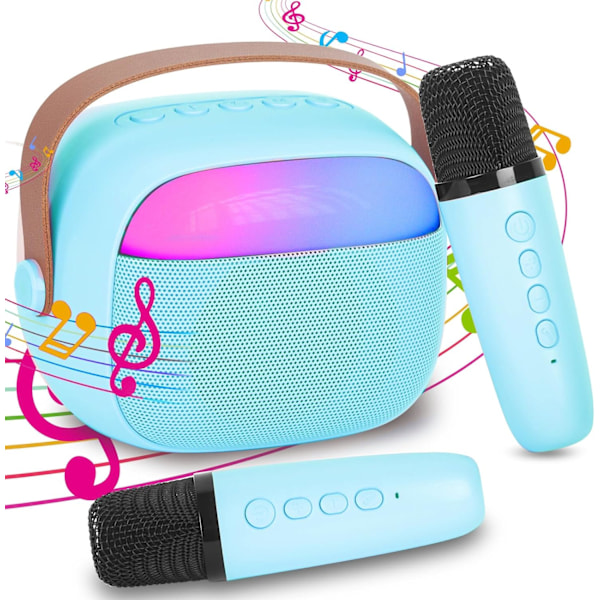Karaokemaskin för barn med 2 trådlösa mikrofoner, portabelt KTV-system med Bluetooth, högtalare med röstförvrängningseffekter och LED-lampor Blue