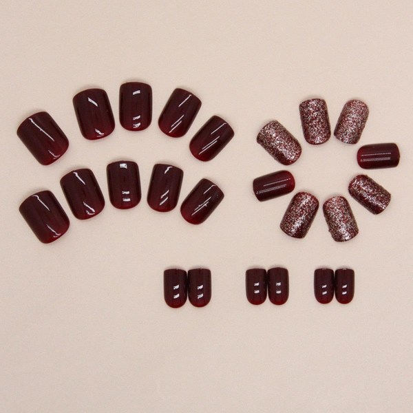 Burgundy Press on Nails Korta fyrkantiga falska naglar med rött glitter Design Glänsande lösnaglar Lim på naglar Cover Akrylnagel 24st