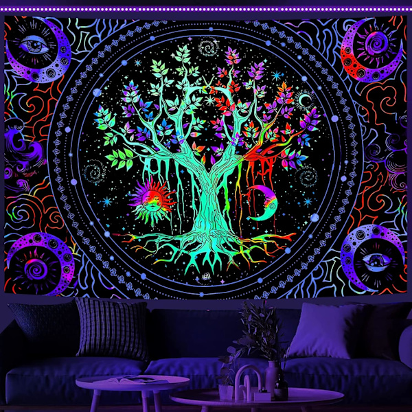 Svartljus Livets Träd Gobeläng Väggbonad Trippy Gobeläng UV-reaktiv Väggbonad Galaxgobeläng Svartljus Gobeläng för Sovrum (150x200cm)