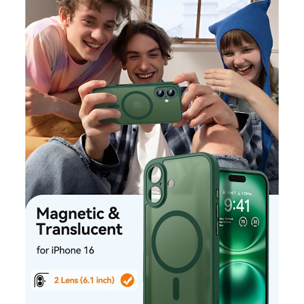 Magnetiskt skal för iPhone 16 Pro Max med fullständigt kameraskydd [Kompatibel med MagSafe] [Genomskinlig matt] Skyddande telefonfodral, Lila Deep Green iPhone 16