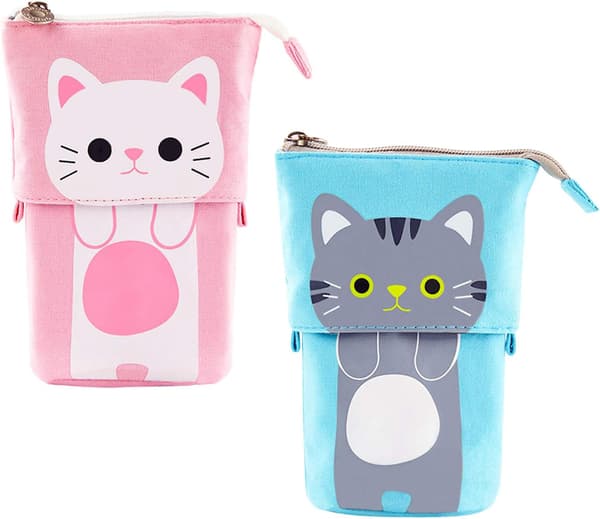 Practical Cosmetic Organizer, Customizable Canvas Material, Cute Cat-Themed Pencil Case, Standing Pencil Pouch with Telescopic Design and Zipper