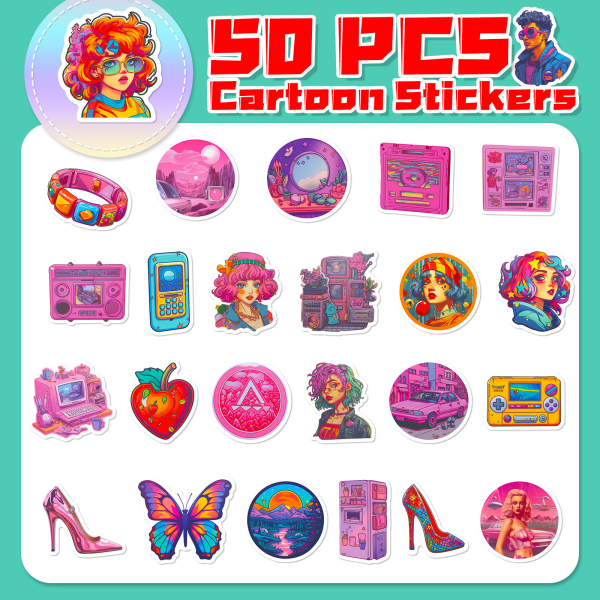 50 stk. Retro Cool Stickers, Pink Purple Vinyl Vandtætte Retro Girl Decals til Laptop Vandflaske Guitar Telefon Bagage Skateboard Cykel