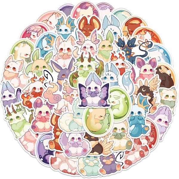 Kawaii Illusoriske Dyresticking for Barn Jenter Gutter Tenåringer Vinyl Vanntette Gjenbrukbare Dekor-Stickere for Bagasje Gitar Telefon Vannflasker 50 stk