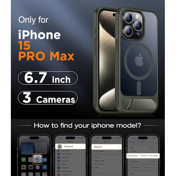 Magnetiskt kompatibel med iPhone 16 Pro Max-fodral, [Inbyggt osynligt stativ][Kompatibelt med MagSafe] [Militärklass stöttåligt] Smalt genomskinligt Gray iPhone 15 Pro Max