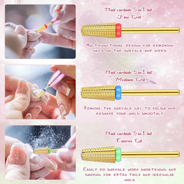 3 st Nail CaREide 5 i 1-bit, nagelborrset - 2-vägs rotation för användning med både vänster och höger hand, 3/32 tum skaftstorlek
