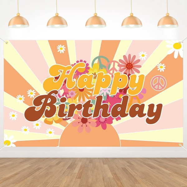 Happy Birthday Banner Groovy Party Decorations - Daisy Flower Boho Birthday Decorations for Retro Hippie  Backdrop Party Supplies, 5 x7 Feet