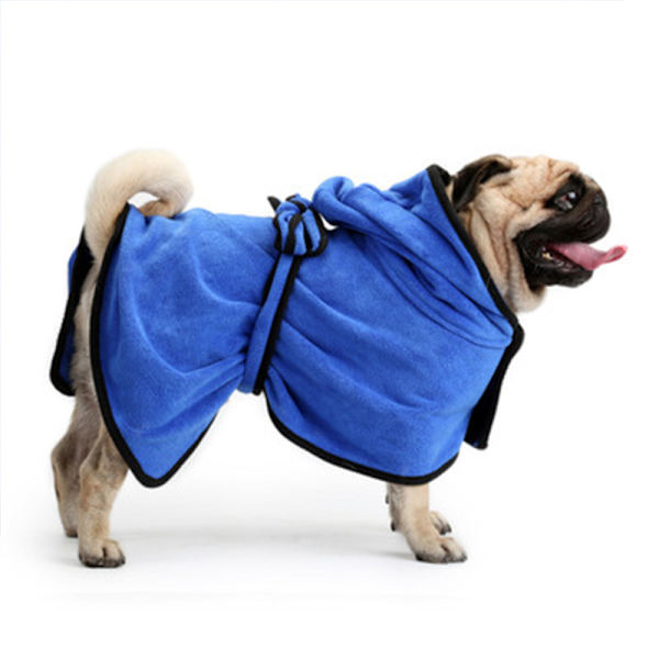 Blød og superabsorberende hundebadekåbe i mikrofiber med hætte/bælte til store, mellemstore hunde - Blå - M