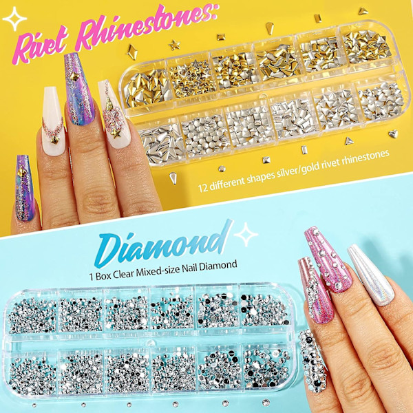 Ett set med nagelkonstset (12 färguppsättningar (hästögat + 1,5 borr + 2,0 borr + nit + transparent borr) remslåda)