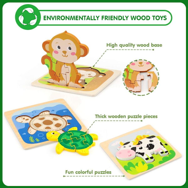 TOY Life Trä Djur Pussel för Småbarn 1-3, Baby Pussel för Barn i Åldern 1-3, Pedagogisk Lärande Leksak för 1 2 3+Åriga Pojkar Flickor-4 PCS-A