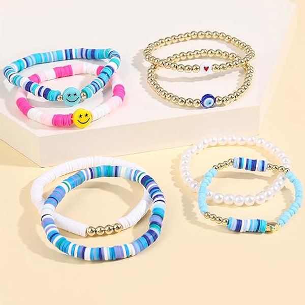 Surfer Armbåndssæt, Farverigt Hvidt Guld Smil Hjerte Stjerne Ondt Øje Perle Polymer Ler Perle Stakbar Charm Y2K Æstetisk Sommer Strand Smykker