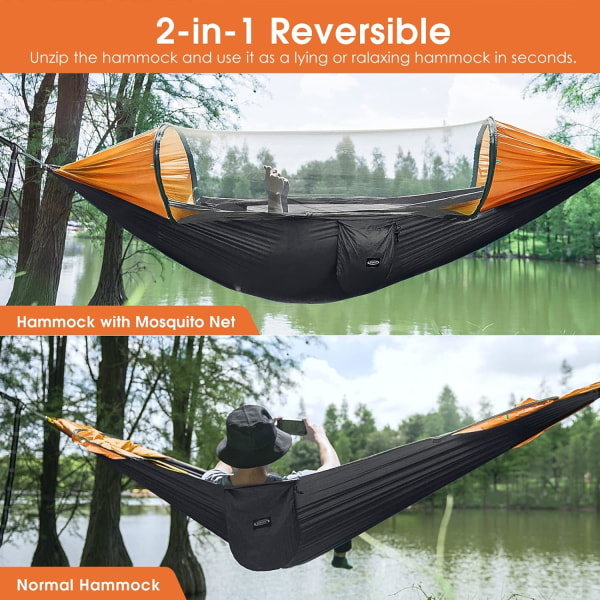 Stor campinghängmatta med myggnät, 2 lätta hängmatta, lämplig för backpacking utomhusvandring på bakgård-280*140cm svart med orange.