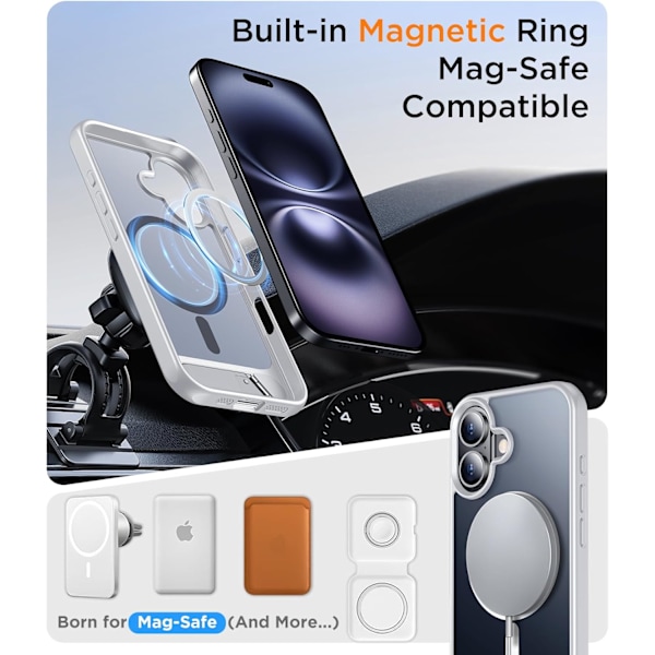 Magnetisk Kompatibel med iPhone 16 Pro Max Cover, [Indbygget Usynlig Støttefod][Kompatibel med MagSafe] [Militær Standard Stødsikker] Slankt Gennemsigtigt Silver for iPhone 16 Plus 6.7"