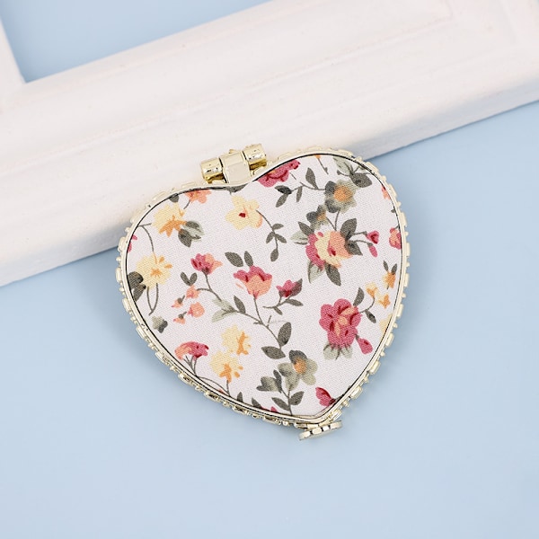 Kosmetisk spejl med print, antik kunst, retro blomsterstof, dobbeltsidet foldbar bærbar mini.-core hvid (7*6,5cm)
