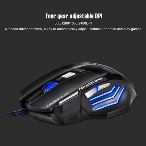 4 Justerbar DPI og 7 Knapper LED Optisk USB Kablet Gaming Mus til Gamer PC MAC-sort