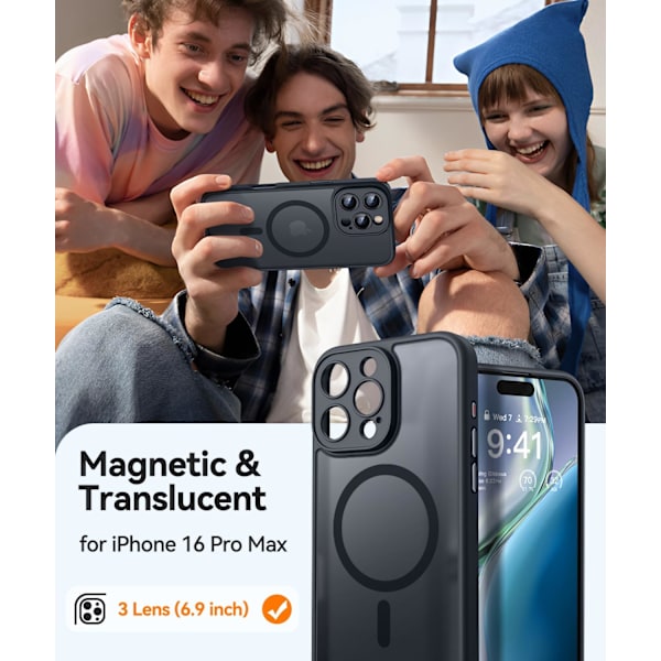 Magneettinen suojakotelo iPhone 16 Pro Maxille täydellä kamerasuojauksella [Yhteensopiva Magsafen kanssa] [Puoliksi läpikuultava matta] Suojaava puhelinkotelo, matta musta Black iPhone 16 Pro Max