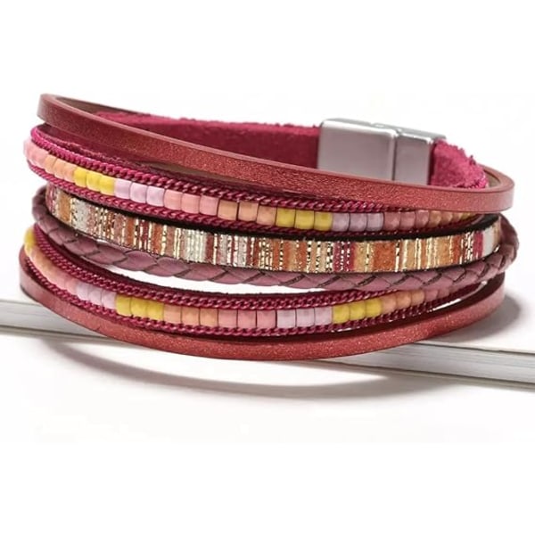 Boho Charm Wrap Armband för Kvinnor, Handgjorda Tassel Sten Kristall Pärlad Läder Design Magnetisk Spänne Bohemian Armband