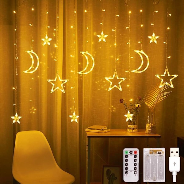 Ljusgardin, 3,5 m, med stjärnor och måne, Ramadan LED-slingor, 8 lägen, med fjärrkontroll, för balkong, fönster, bröllop, fest och Ramadan-dekoration
