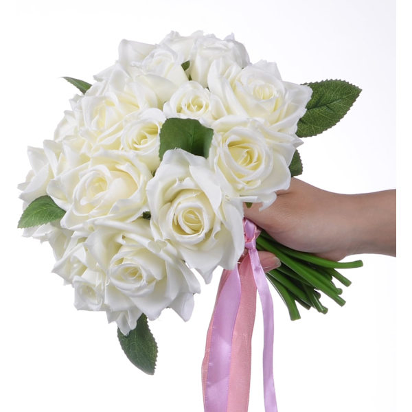 Kunstige Blomster Rose Buket 2 Pakke Kunstige Blomster Silke Plastik Kunstige Hvide Roser 18 Hoveder Brude Bryllupsbuket (Hvid)