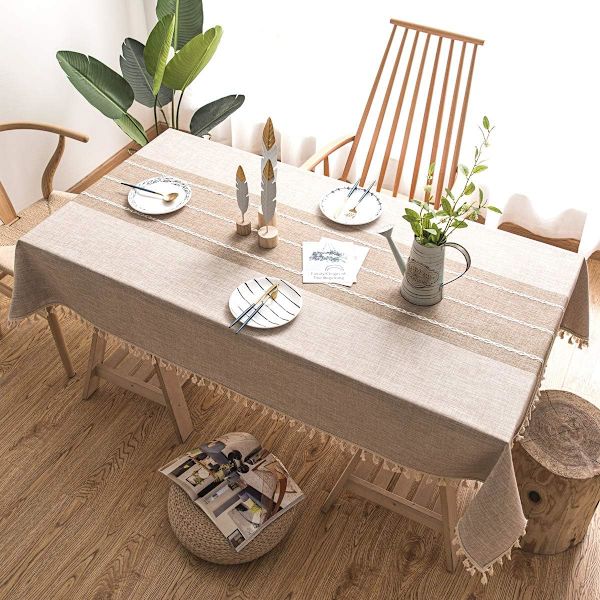 Bomullslinne Rektangulär Bordsduk Solid Broderad Tassel Bordsduk Kök Bordsdekoration (140 x 240cm, Khaki)