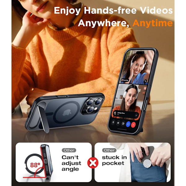 Magneettinen iPhone 16 Pro Max -kotelo, [Sisäänrakennettu näkymätön jalusta][Yhteensopiva MagSafe-tekniikan kanssa] [Sotilastason iskunkestävä] Ohut läpikuultava Black for iPhone 16 Pro Max 6.9"