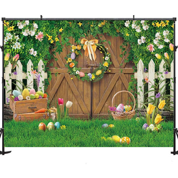 7x5ft Forår Påske Baggrund Træ Lade Dør Grønt Græs Påske Fotoshoot Baggrund Påske Baggrunde Til Forår Blomster Påske Foto Baggrund