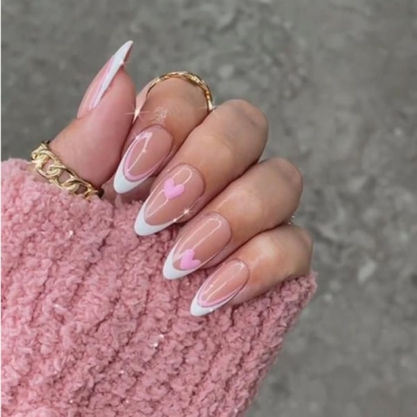 Press on Nails Medium Mandel falska naglar med rosa kärlekshjärta Design blanka lösnaglar Akrylnaglar Vita franska spetslim på naglar 24st