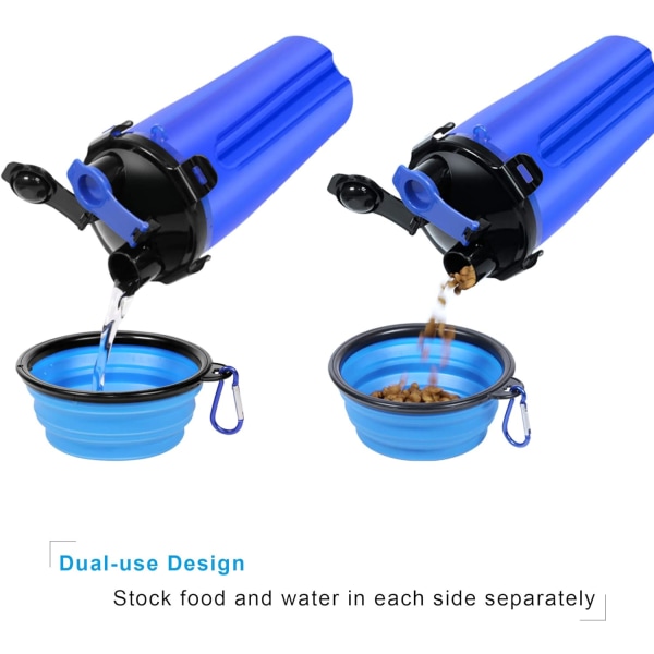 Hundvattenflaska Hundskålar för resande djurfoderbehållare 2-i-1 med hopfällbara hundskålar, utomhusvattenskålar för hundar-blå
