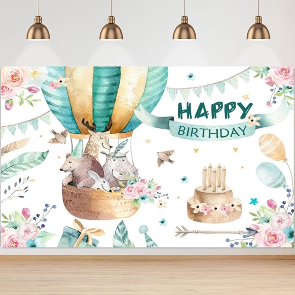 Birthday Backdrop Hot Air Balloon Cartoon Animals Children Baby Birthday Banner Animals Banner Happy Birthday Party Backdrop Flowers Cake Background