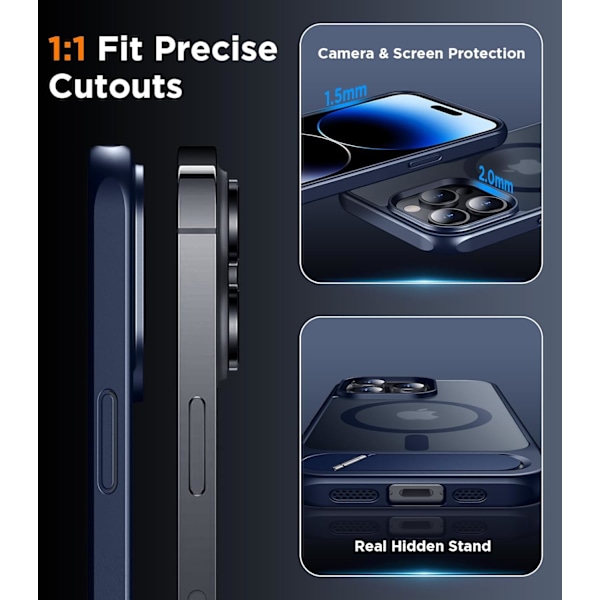 Magneettinen iPhone 16 Pro Max -kotelo, [Sisäänrakennettu näkymätön jalusta][Yhteensopiva MagSafe-tekniikan kanssa] [Sotilastason iskunkestävä] Ohut läpikuultava Blue iPhone 14 Pro Max