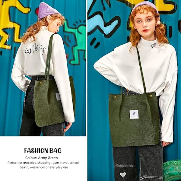 Kordväv Tote Bag för kvinnor Canvas Axelväska Kordsäck med innerficka