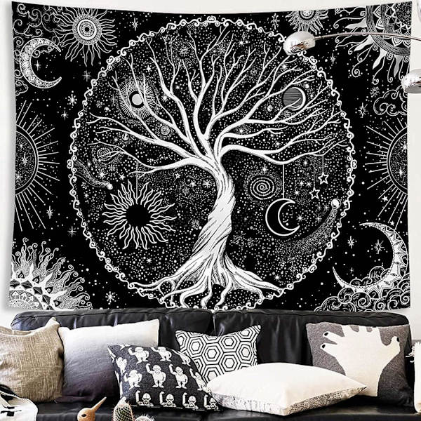 Livets Træ Gobelin Trippy Mandala Væg Gobelin Sol og Måne Gobeliner Sort Galakse Stjerner Gobelin Boheme Æstetisk(L/148X200cm(, Sort)