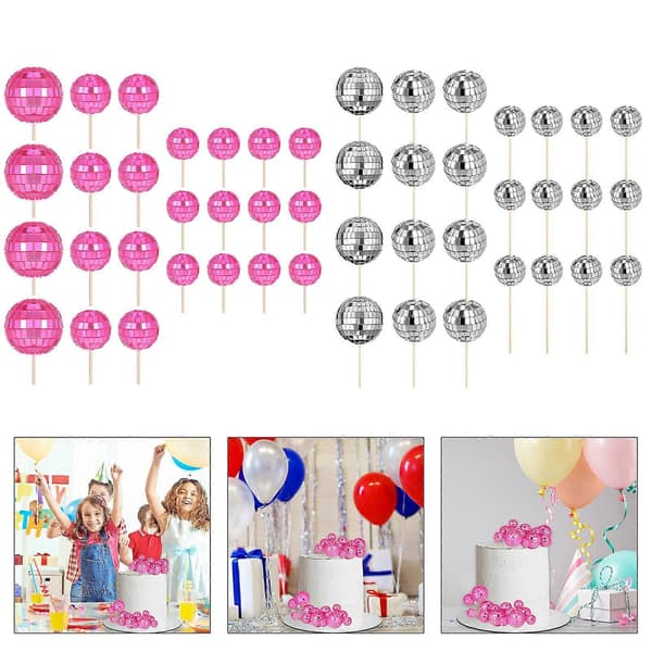 24 stk. reflekterende diskokugle cupcake-toppere kagepynt til bryllupsfødselsdagsfestartikler desserttilbehør pink